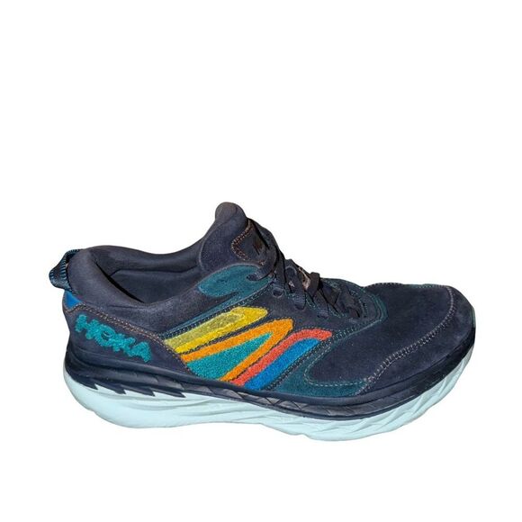 Hoka Bondi L Navy Suede Sneaker with Yellow Orange Teal Womens 13 men’s 12 main image 4